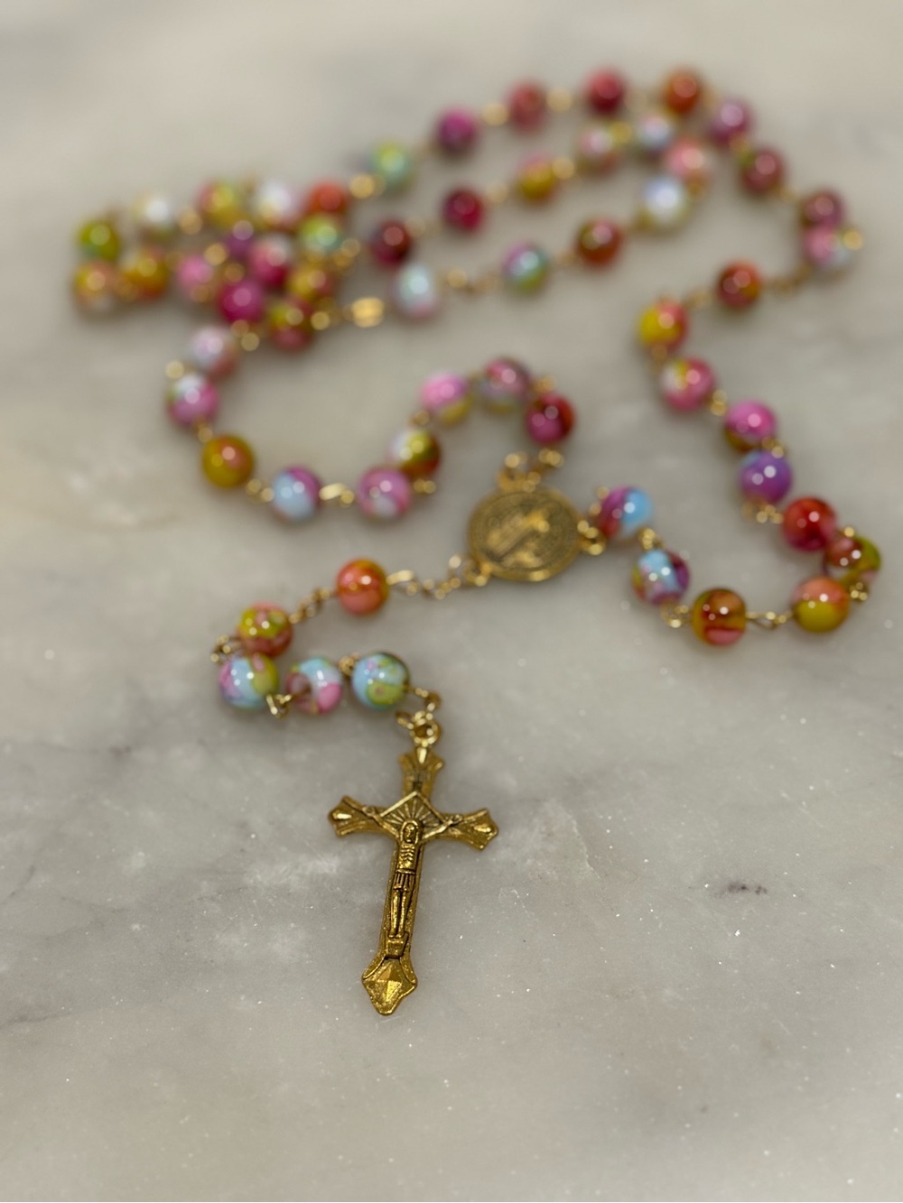 Multicolor Beaded Rosary Necklace with Gold Crucifix